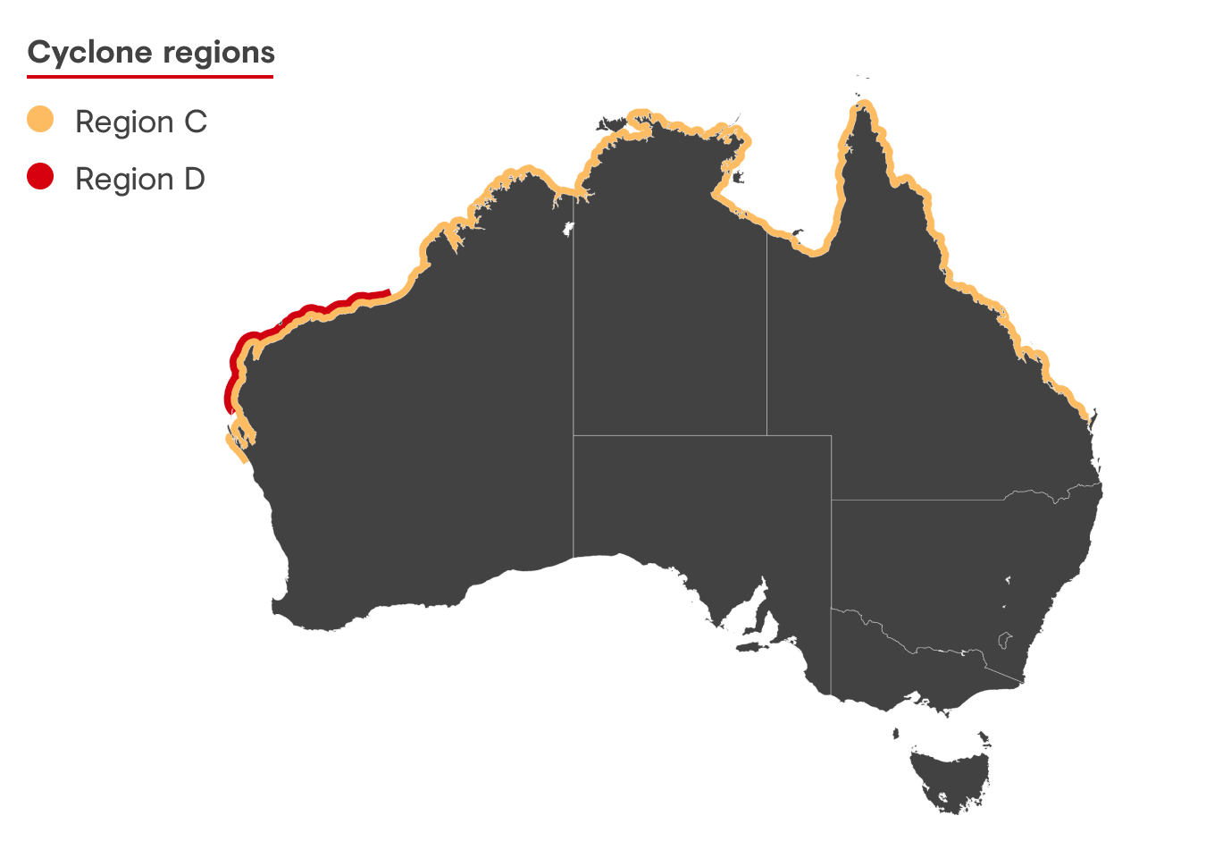 diagram demonstrating the different cyclone regions on Australian coast lines